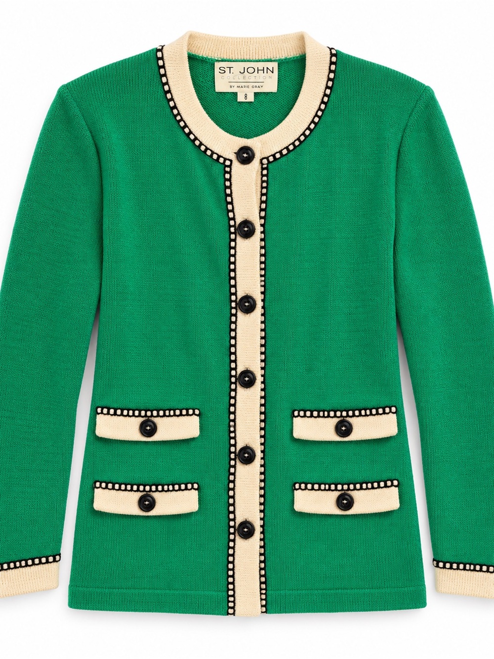 St John Collection Knit Jacket Womens 8 Green Cream Button Front Marie Gray